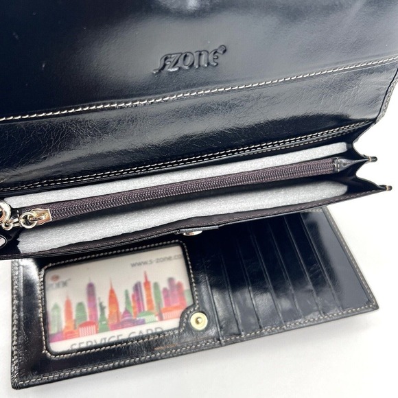 S-ZONE Womens Black Genuine Leather Tri-Fold Long Wallet - Picture 3 of 6